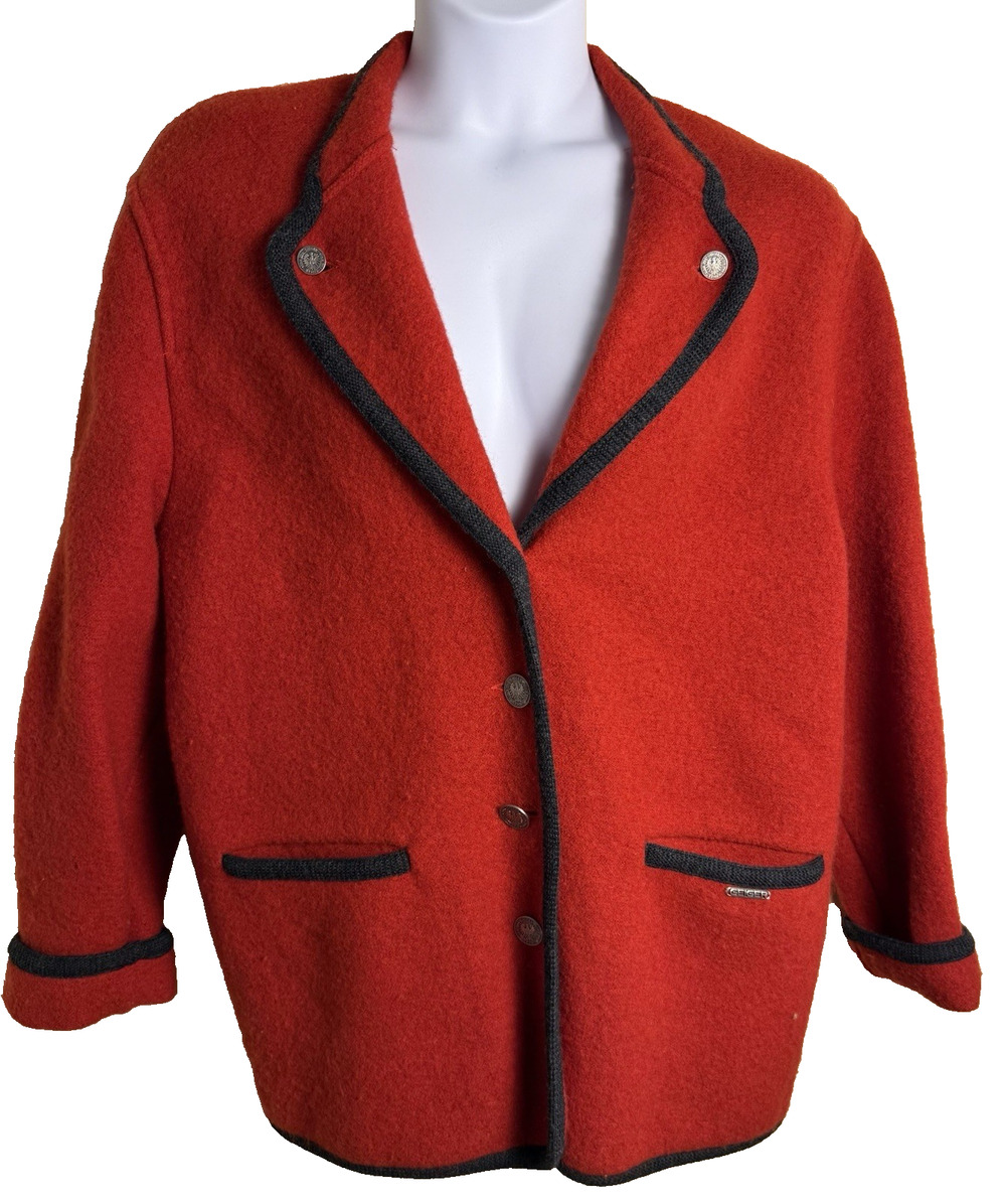 Vtg Geiger Austria Boiled Wool Jacket Red Grey Trim European size 42 bust 50